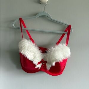 Adore Me Red Faux Fur Trim Bra 40G Holiday Christmas Lingerie Santa Style